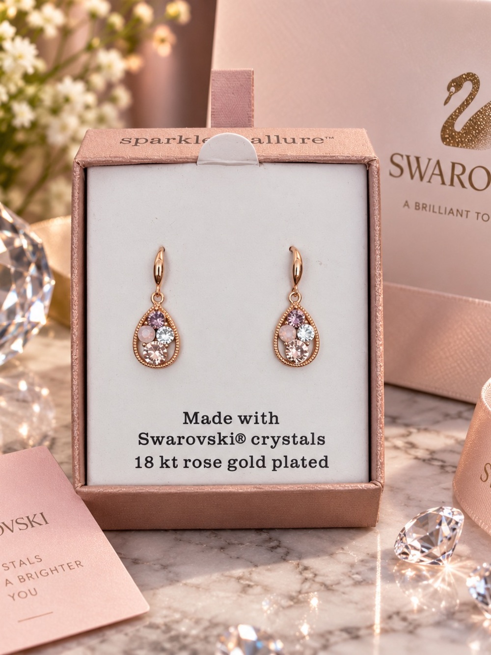 Sparkle Allure Swarovski Crystal Drop Earrings Rose Gold Plated NWT